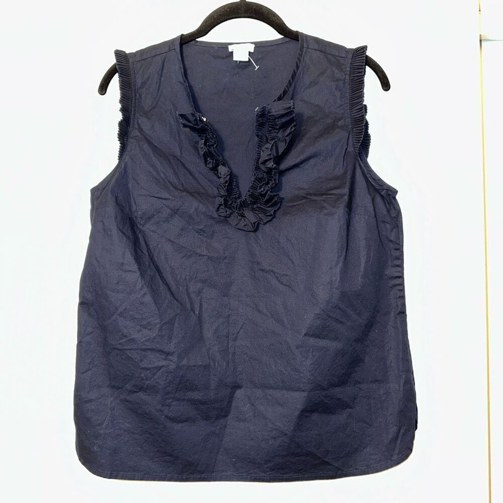 J. Crew Women’s Ruffle Neckline Tank Top Navy Blue Size 6 NWOT